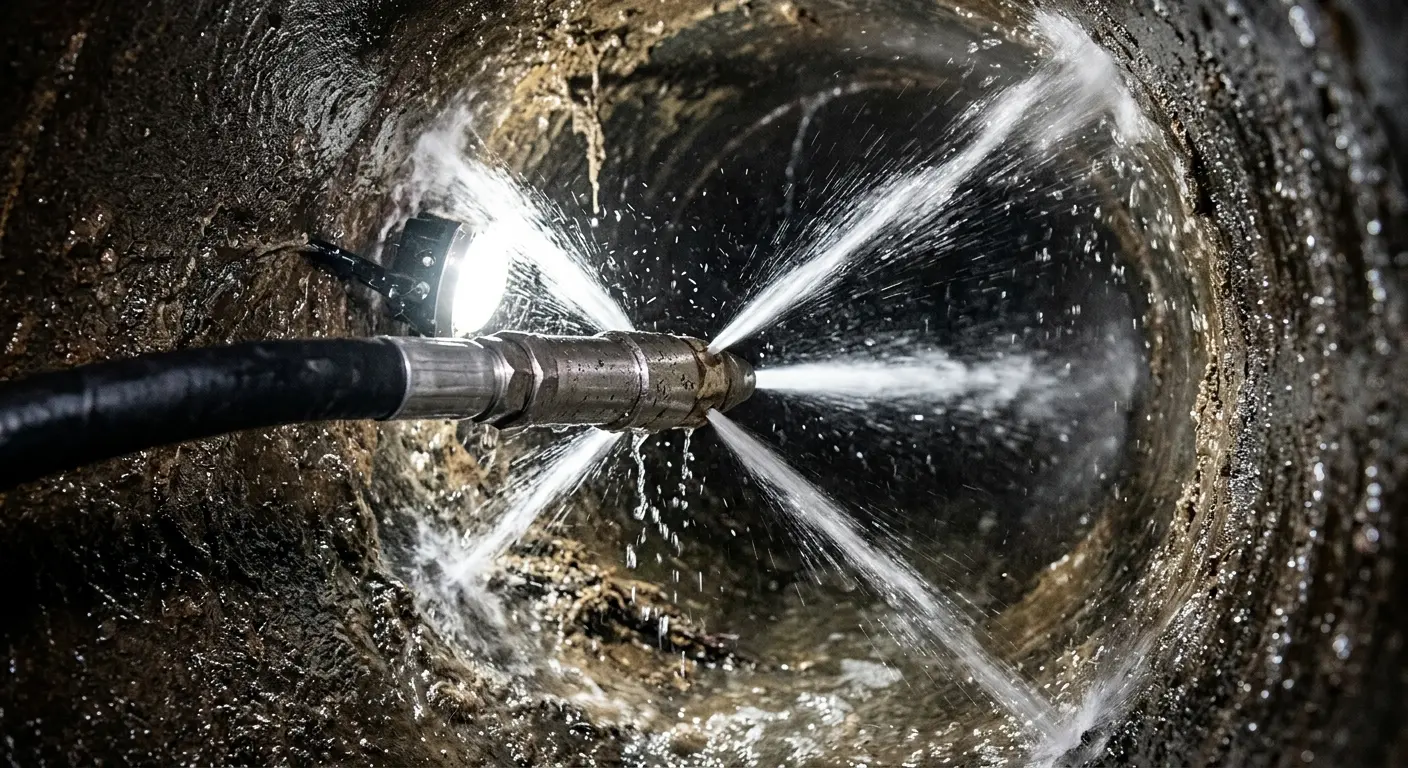 High-pressure hydro jetting nozzle cleaning sewer pipe for Sewer Cleanout in Fort Worth