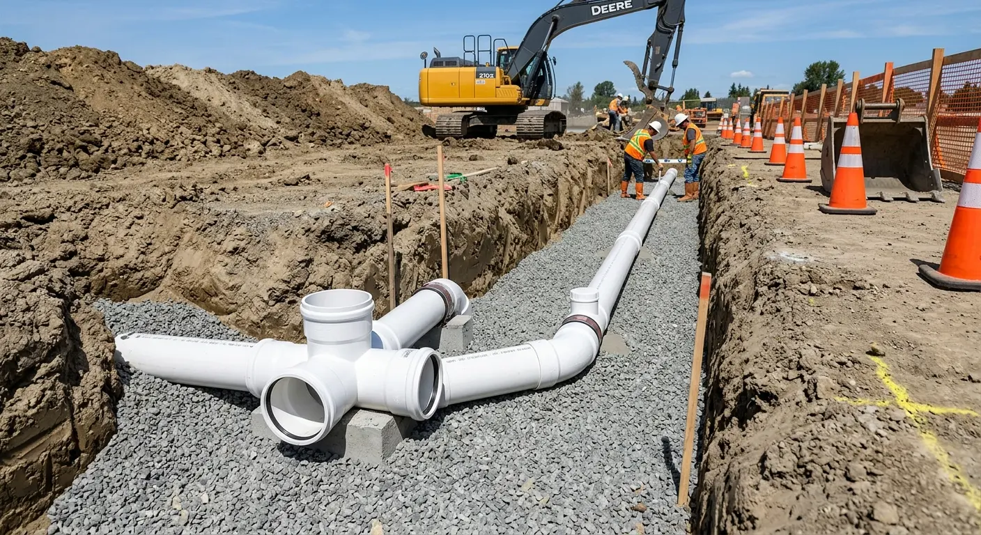 New PVC sewer pipe installation in open trench for Sewer Backup in Fort Worth