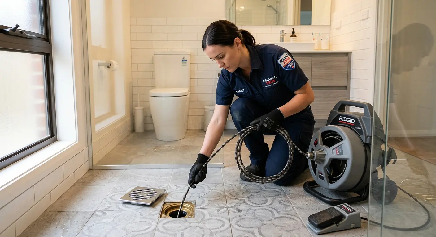 Technician clearing a bathroom floor drain for Sewer Line Replacement in Fort Worth